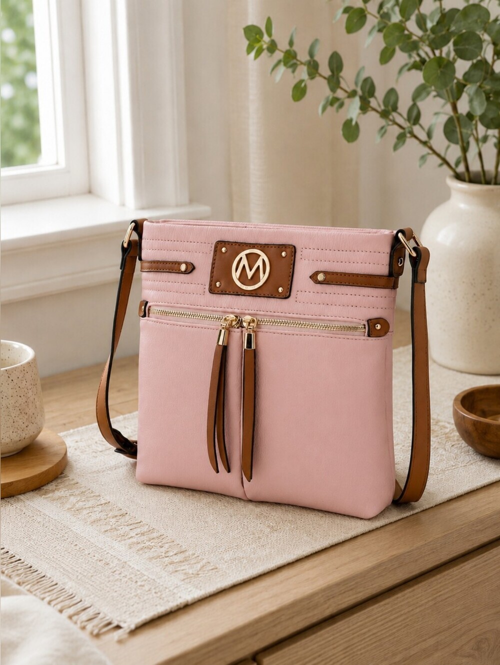 MKF Collection Mia K Crossbody Bag Pink Brown Vegan Leather Multi Zip Gold Logo